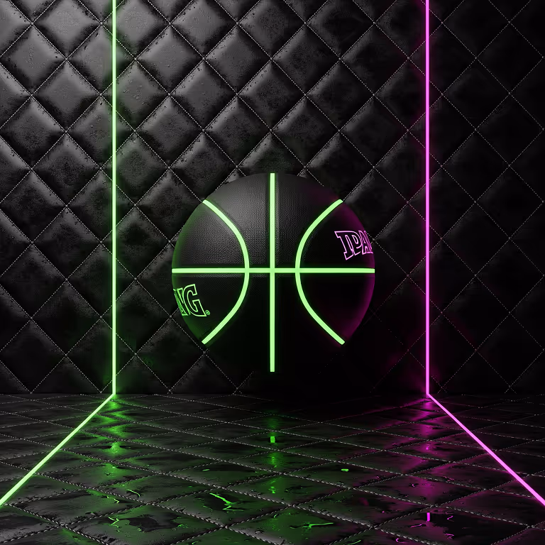 Pallone da basket neon verde e rosa su sfondo trapuntato scuro – Fivebet