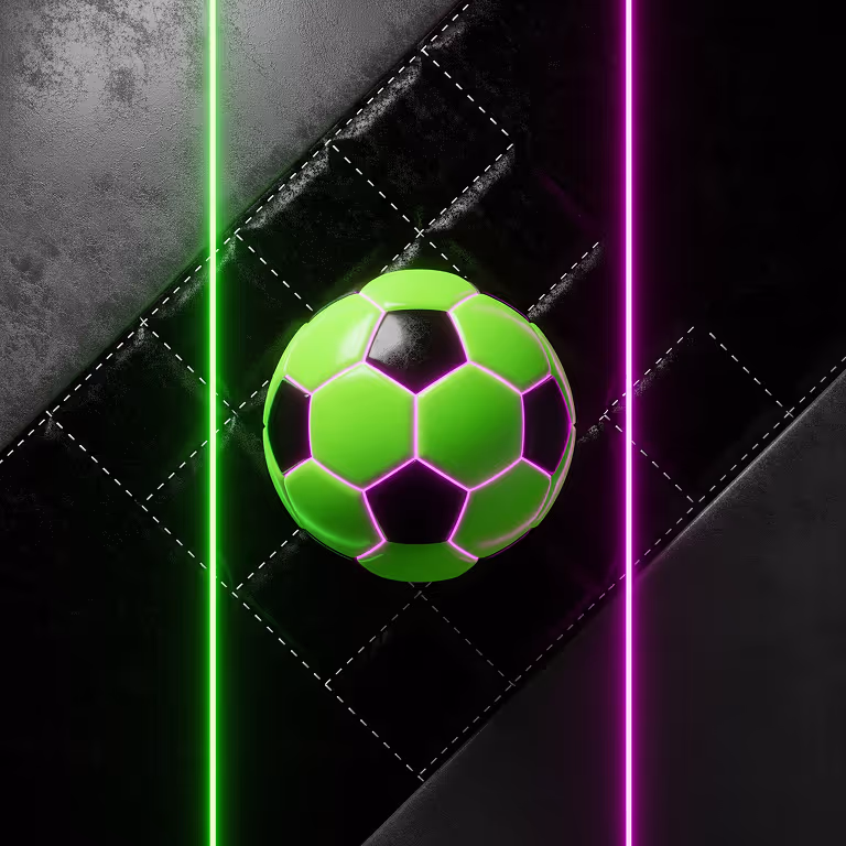 Pallone da calcio verde con profili neon davanti a pannelli in pelle nera – Fivebet