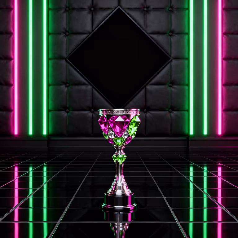 Trofeo argentato con cristalli rosa e verdi illuminato da luci neon – Fivebet